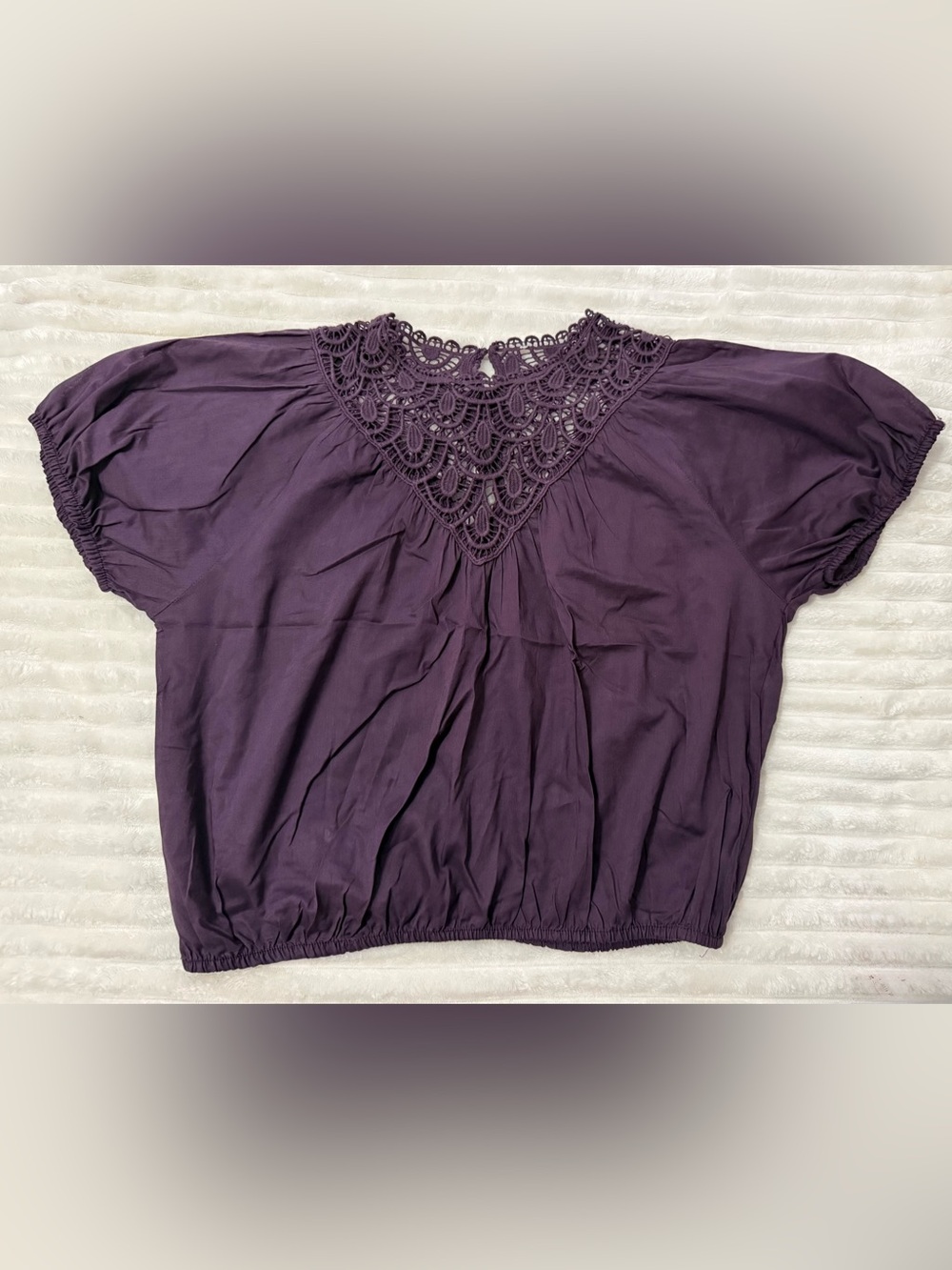 Women's Purple Crochet Yoke Short Sleeve Top